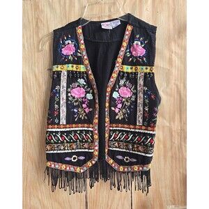 VINTAGE KIDS COUNT Vest Multicolor Stitching Flowers FRINGE MEDIUM